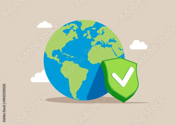 Obraz Globe shape with green shield with check mark. Good world. Good ecology, air pure. Vector flat illustration 
