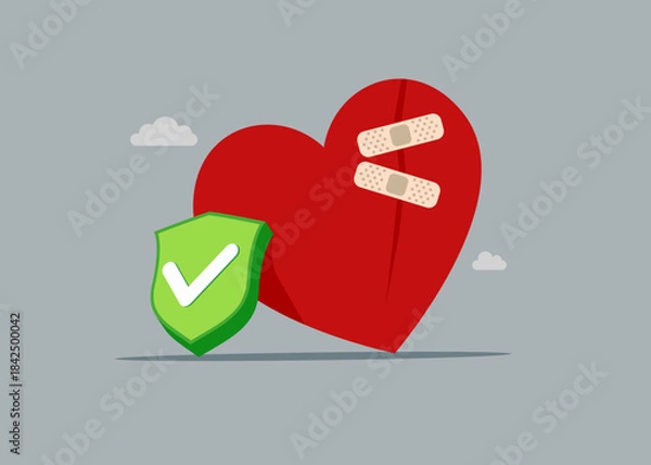 Obraz Heart shape and green shield with check mark. Move on or forget and forgive, open for new relationship, heal heart broken. Vector flat illustration