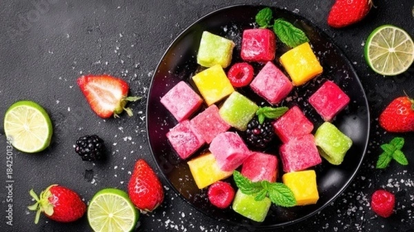 Obraz Fruit cubes berries on black plate