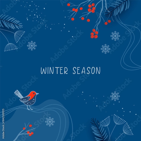 Fototapeta Winter season greeting card with cute bird, winter branches and abstract graphic elements. Christmas and New Year abstract blue background