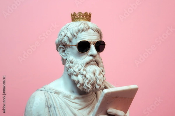 Fototapeta Statue of a philosopher wearing sunglasses and holding a tablet in front of a pink wall