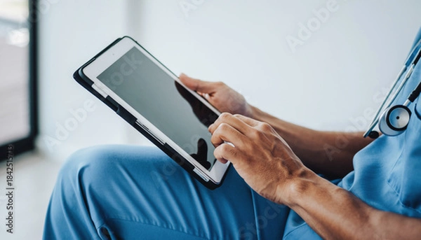 Obraz 医療現場でタブレットを操作する看護師の手元