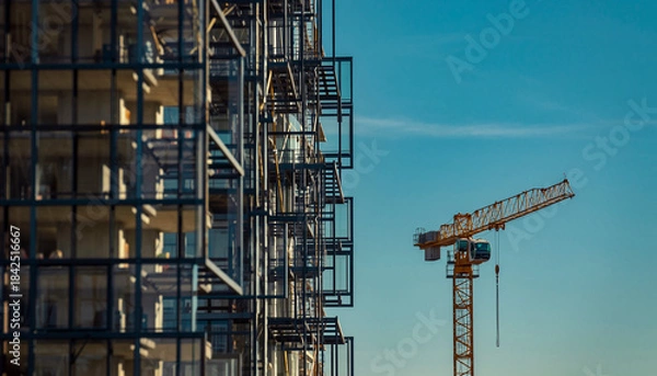 Obraz 高層ビル建設現場に立つタワークレーンの風景