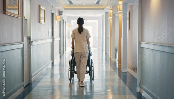 Obraz 介護施設の廊下で車椅子を押す介護士の後ろ姿