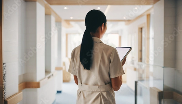 Obraz タブレットで記録を確認する介護士の施設内巡回