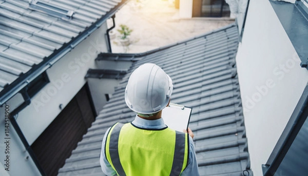 Obraz 住宅屋根を点検する建設現場監督の後ろ姿