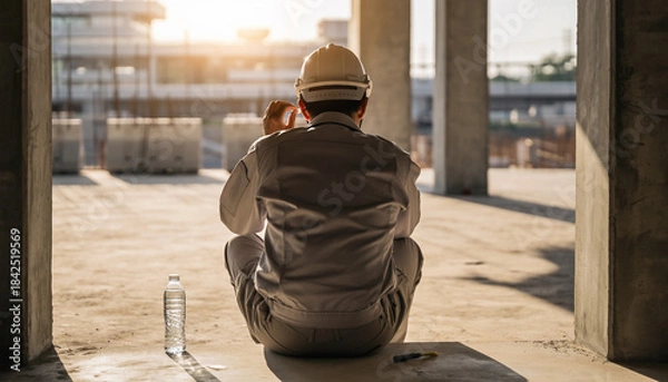 Obraz 建設現場で休憩する日本人作業員の後ろ姿