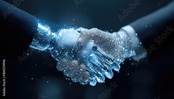 Obraz Digital handshake between human and robot, symbolizing AI integration