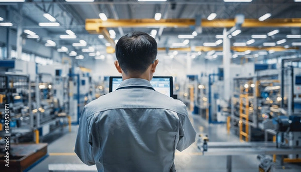Obraz 工場内でタブレットを操作する日本人作業員の後ろ姿