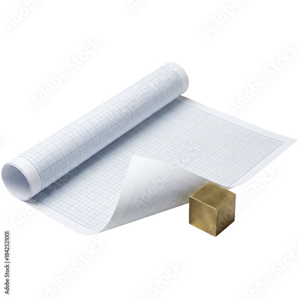 Obraz Rolled Graph Paper with Brass Cube for Geometry and Technical Drawing