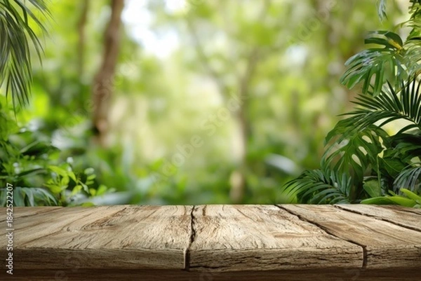 Fototapeta Wooden tabletop in a lush, out-of-focus jungle