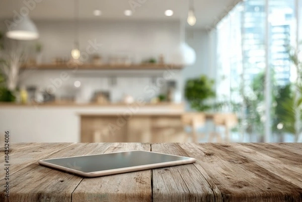 Fototapeta Digital tablet on a wooden table in a blurred modern kitchen