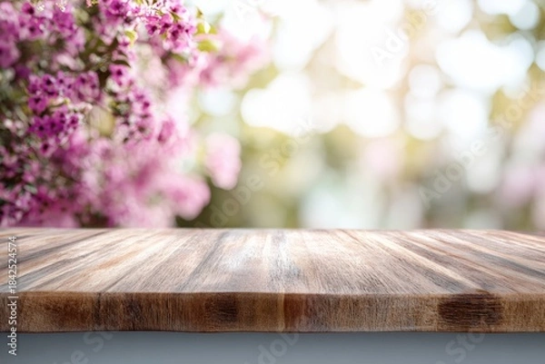 Fototapeta Wooden table top with blurred background of pink flowers and bokeh