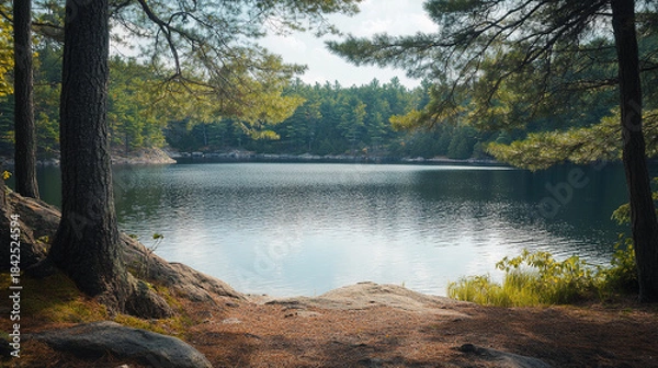 Fototapeta The sound of distant birds and the smell of fresh pine fill the air as you sit near the lake. How do you feel connected to the earth in this peaceful, natural setting?