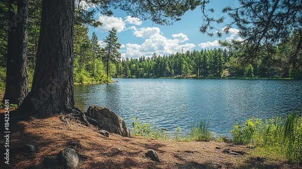 Fototapeta The sound of distant birds and the smell of fresh pine fill the air as you sit near the lake. How do you feel connected to the earth in this peaceful, natural setting?