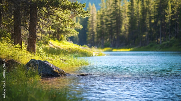 Fototapeta The sound of distant birds and the smell of fresh pine fill the air as you sit near the lake. How do you feel connected to the earth in this peaceful, natural setting?