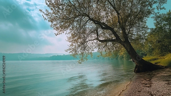Fototapeta The sound of water lapping gently at the shore complements the rustling of trees. How does this peaceful ambiance make you reflect on life and your connection to nature?