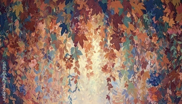 Fototapeta Autumn Leaves Canopy With Golden Sunlight Filtering Through A Textured Abstract Pattern In Various Colors