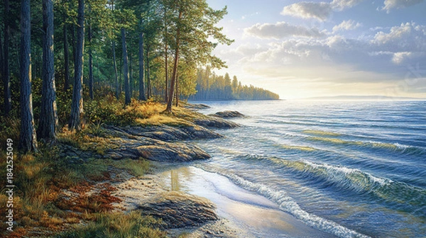 Fototapeta The sound of water lapping gently at the shore complements the rustling of trees. How does this peaceful ambiance make you reflect on life and your connection to nature?