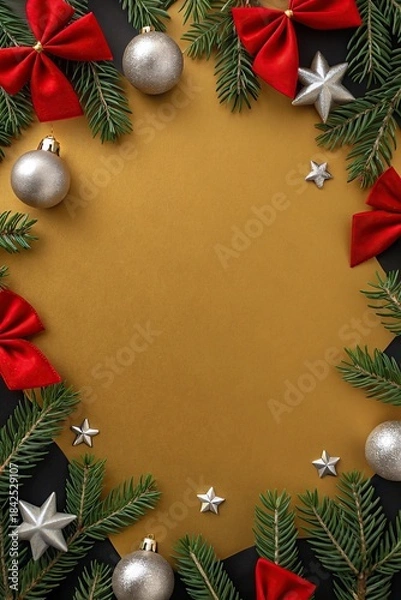 Fototapeta Christmas greeting card with fir tree branches, cones and garland lights on black background. Top view with copy space