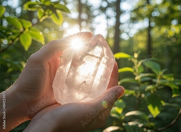 Obraz Hands holding a luminous clear crystal with sun rays shining through in a lush green forest setting symbolizing natural energy and healing.