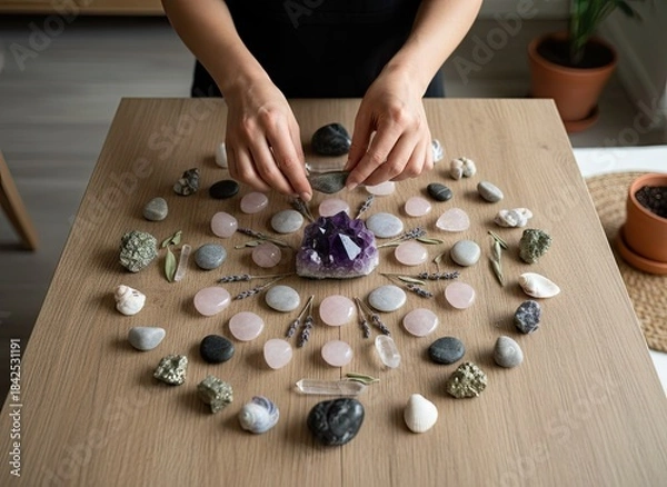 Obraz Hands Arranging Natural Healing Crystals and Stones in a Circular Pattern on a Wooden Table for a Spiritual Practice
