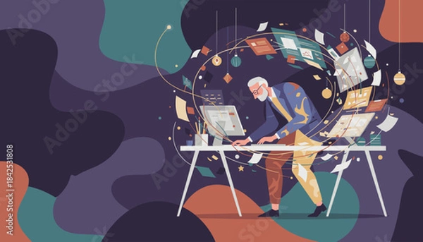 Obraz Senior professional managing digital data and paper workflow information overload concept