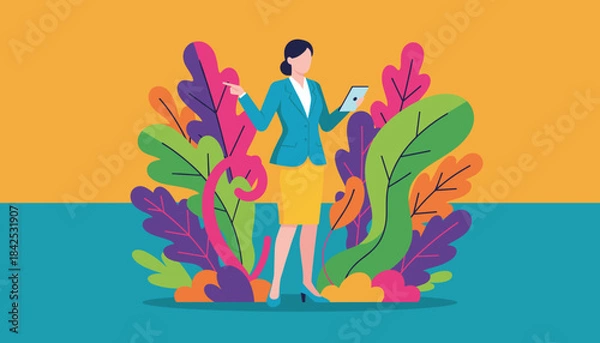 Obraz Businesswoman using a tablet pointing amidst vibrant colorful foliage Corporate success and nature concept