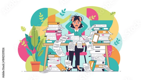 Obraz Stressed employee overwhelmed by workload and flying papers deadline panic