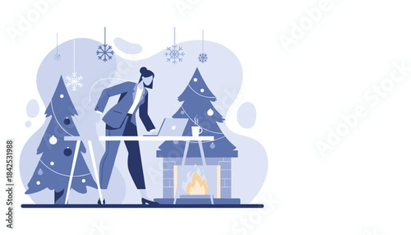Obraz Businesswoman working on laptop amidst Christmas trees and a cozy fireplace Remote work during holiday concept