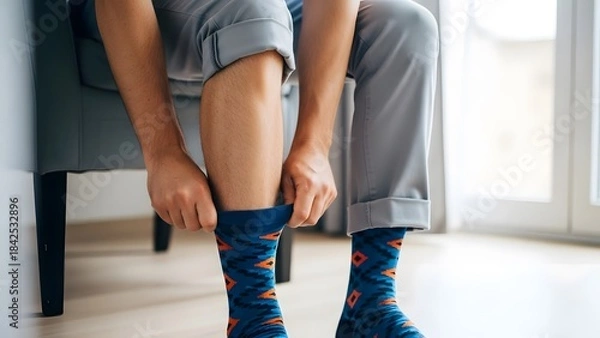 Fototapeta A lifestyle shot from the knees down showing a man pulling up patterned socks, while wearing boxer briefs and trousers rolled up.
