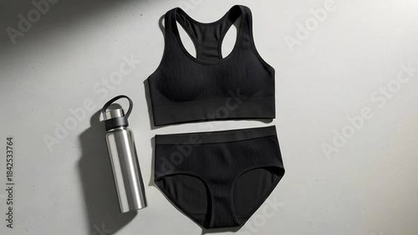 Fototapeta An athletic lingerie set, featuring a seamless ribbed sports bra and matching hipster briefs in matte black. Laid flat on a smooth grey concrete surface beside a modern water bottle.