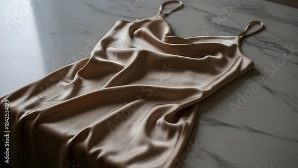 Fototapeta A champagne-colored silk satin bias-cut slip dress gently pooled on a marble countertop surface. Soft, luxurious lighting highlighting the sheen of the fabric.