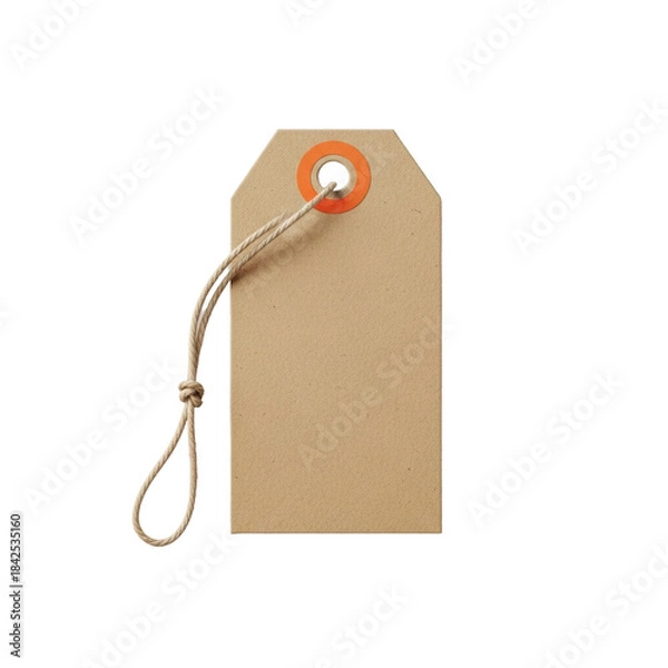 Obraz A blank brown kraft paper product tag with natural texture, rounded top, orange reinforcement sticker, and linen twine, isolated on a transparent background, top-down flat lay view, minimalist