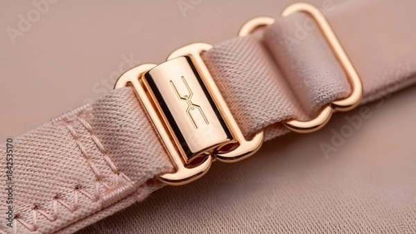 Fototapeta Close-up of a rose gold bra strap adjuster with a subtle logo on a nude fabric strap.