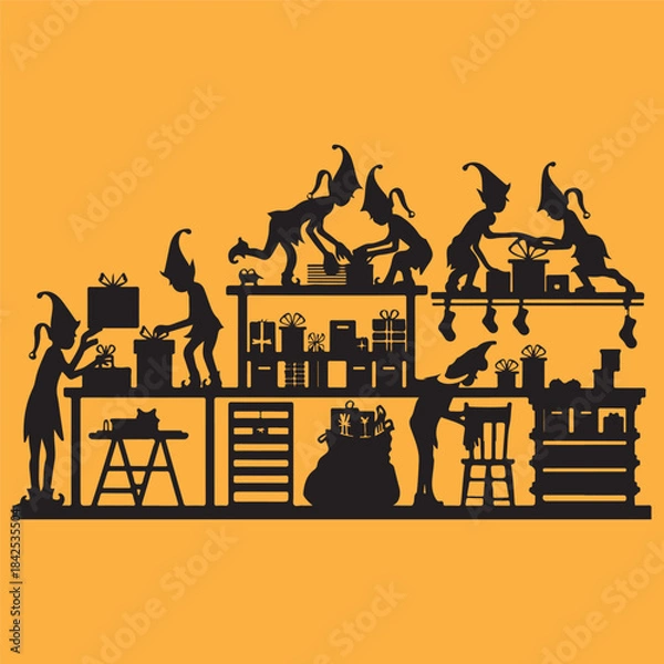 Obraz Black silhouette of elves preparing gifts in Santa’s workshop