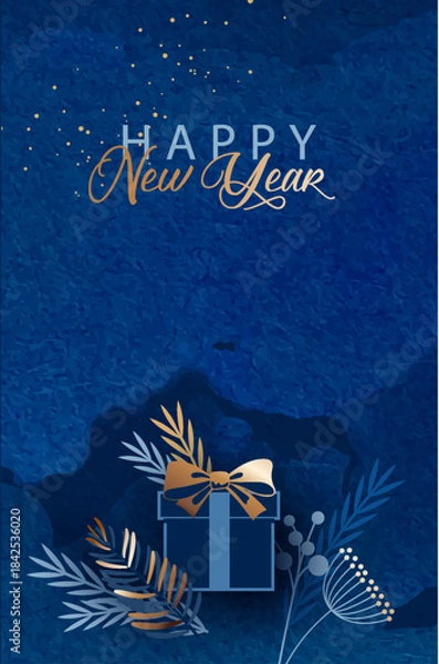 Fototapeta Happy New Year dark blue banner. Gift box with bow and decorative elements on watercolor background. Elegant Minimalistic Luxury Christmas design
