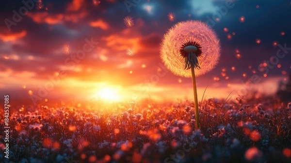 Obraz Dandelion vibrant sunset sky in the wind, spring background panoramic view