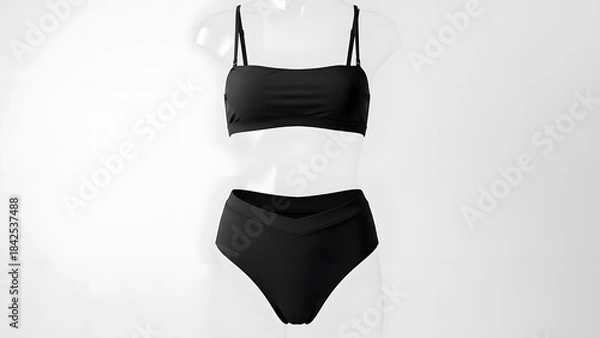 Fototapeta Black two-piece high-waisted bikini swimsuit on a clear mannequin against a white background, perfect for summer beachwear.