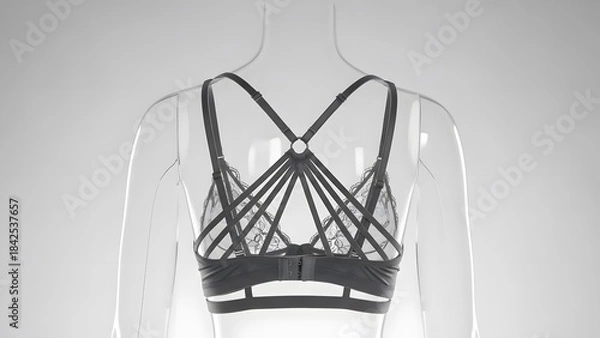 Fototapeta Back view of a stylish dark bralette with intricate multi-strap design on a clear mannequin.