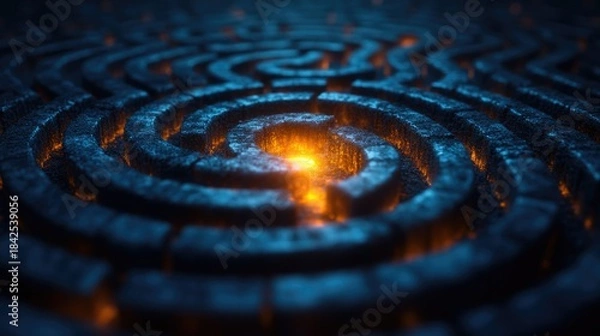 Obraz Dark Maze with a Glowing Path Illuminating the Solution, Symbolizing Problem-Solving, Focus, and Overcoming Challenges in Complexity.