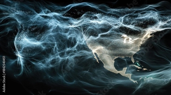 Obraz Data Cloud Over North America, aerial view of North America obscured by a translucent cloud, digital data streams, concentrated data center hubs