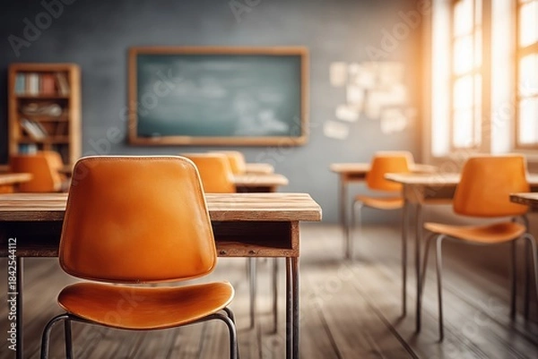 Fototapeta An empty school classroom with desks and chairs arranged neatly, showcasing the interior of an old-fashioned classroom in the morning light.