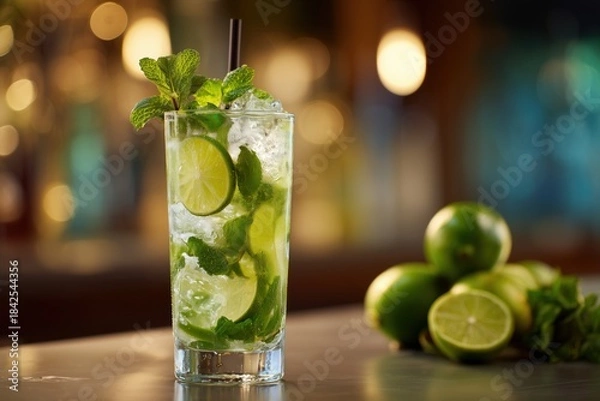 Fototapeta Modern mojito cocktail with lime and mint in a tall glass on a bar counter.