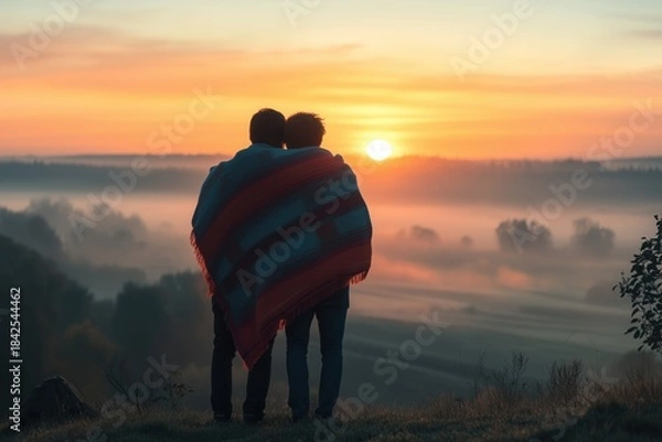 Fototapeta Two men standing closely together on a hilltop at sunrise, wrapped in a shared blanket.