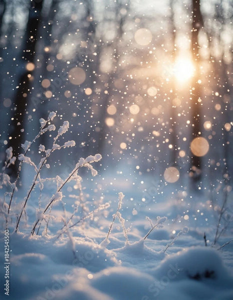 Fototapeta Beautiful winter landscape with snow covered trees and bokeh lights