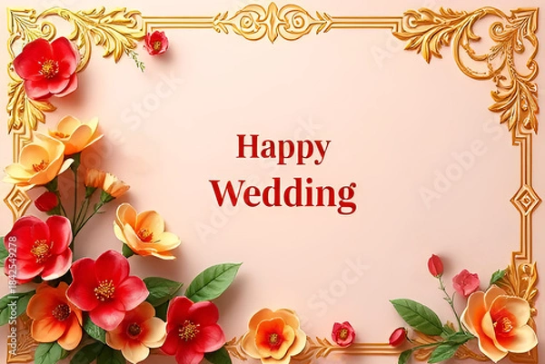 Fototapeta Elegant Happy Wedding Invitation Card: Ornate Golden Filigree Frame Surrounding Bold Script Text with Layered Papercut Red Roses, Orange Marigold Blooms, Green Leaves on Soft Beige Background