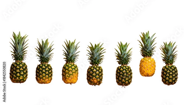 Obraz Seven fresh pineapples arranged, one ripe, on a black background