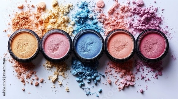 Obraz Different colors makeup powder pack on white background