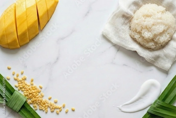 Obraz Thai mango sticky rice dessert ingredients flat lay frame with ripe yellow fruit and coconut milk on white marble background with copy space for summer food menu design.